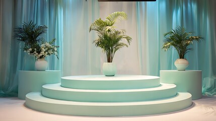 Pastel mint minimalist setup, three-step round stage, potted palm decor, subtle bright reflections