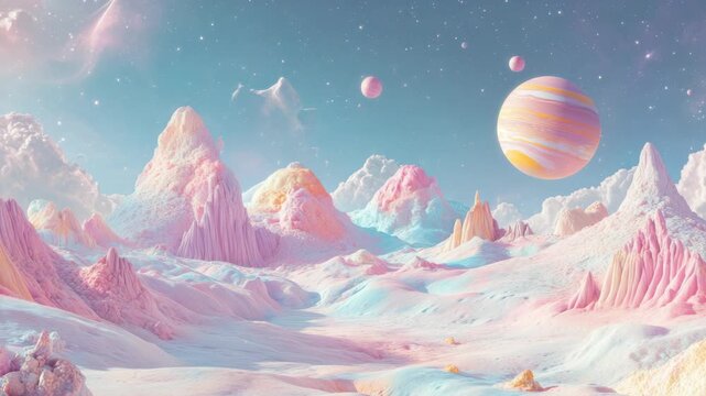 A digital art piece featuring a surreal landscape where pink mountains float in space under a starry sky filled with vibrant clouds and planets.