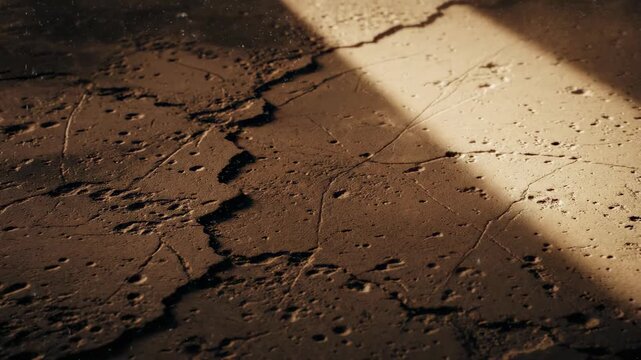 Slow moving atmospheric light sweeps across a highly textured vintage brown and beige concrete background overlaid with subtle animated dust and scratches beige, overlay, material