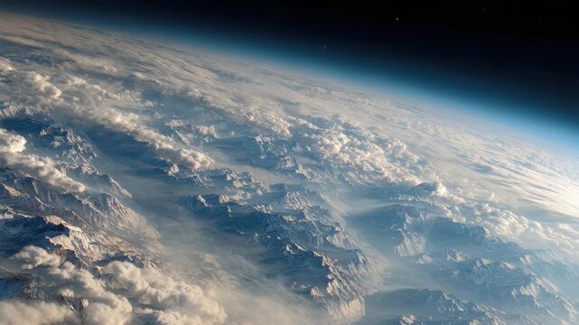 View of mountain ranges and clouds from space over Earth during daytime while in low earth orbit