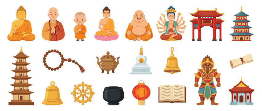 Collection of Buddhist figures, buildings, and religious objects in cartoon style.