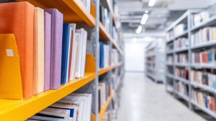 Bookshelves filled with literature in a modern library aisle, representing knowledge, education, and organized information