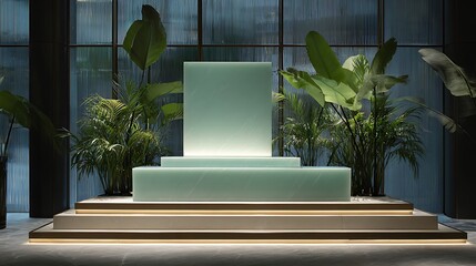 Soft jade minimalist display, triple-layer podium, palm beside, bright tranquil lighting