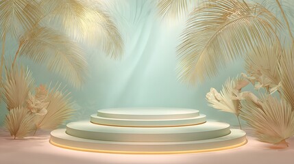 Mint pastel elegant scene, circular triple stage, palm leaves, soft warm studio glow