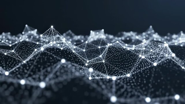 Slow moving interconnected geometric web of delicate white dotted particles weaving and forming complex digital connections on a deep dark blue background deep, data, visualization