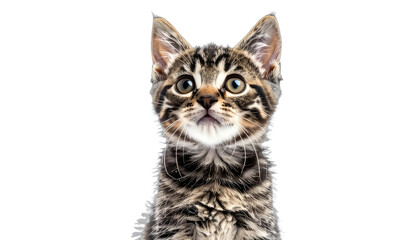 Close-up portrait of a curious tabby kitten against a solid black background.