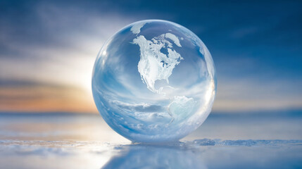 Earth globe showcasing North America and glaciers, concept of climate change and melting ice on arctic ice