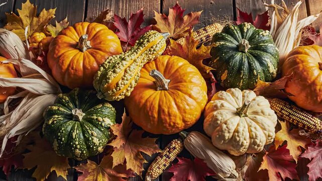 Slow overhead cinematic dolly zoom showing a meticulously arranged Thanksgiving border display of decorative heirloom pumpkins and assorted winter squash flat lay, visual asset, assorted winter squash