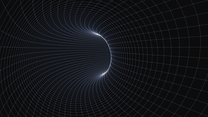 An abstract tunnel created from glowing lines forming a spatial grid. The glow of the lines creates a sense of movement, depth, and infinite immersion. Vector illustration
