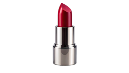 A vibrant red lipstick with a silver case isolated against a black background.