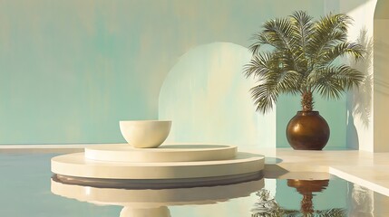 Soft jade pastel composition, layered round podium, potted palm beside, calm luxurious reflections