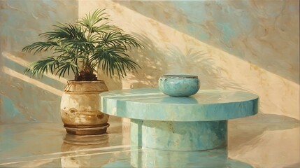 Soft jade pastel composition, layered round podium, potted palm beside, calm luxurious reflections
