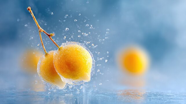   A couple of oranges bobbing on a water surface with water droplets dripping off them