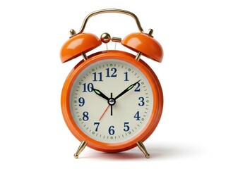 Vibrant orange alarm clock on white background