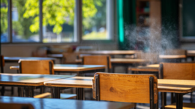 Empty classroom spraying disinfectant mist for sanitization, emphasizing school hygiene protocols and safety measures