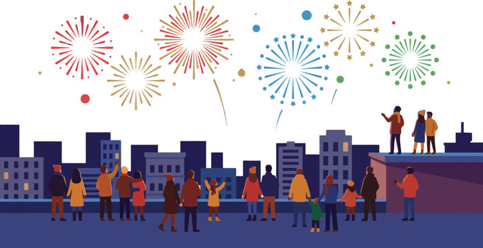 Happy new year celebration with crowd of people watching colorful fireworks over city skyline buildings from rooftop party holiday night event urban scene design. - Powered by Adobe