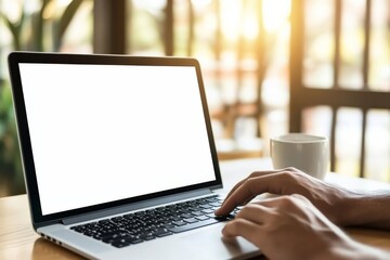 Hand typing on laptop computer with blank screen in cafe setting during daylight hours, focusing on online activities and e commerce projects
