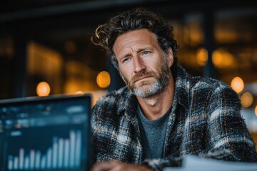 Mature business man works on laptop in modern office, analyzing data and thinking strategically about future business tech planning, banner and copy space available