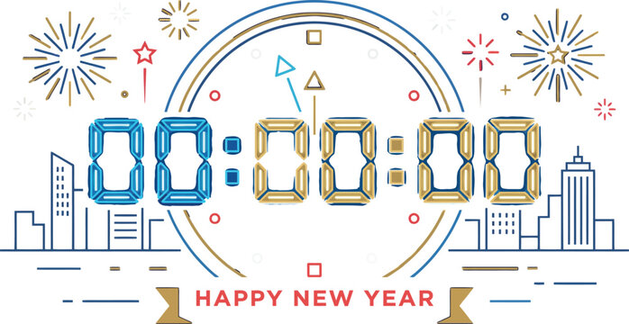Happy New Year midnight countdown digital clock timer with exploding fireworks over city skyline buildings holiday celebration party banner decoration design concept.