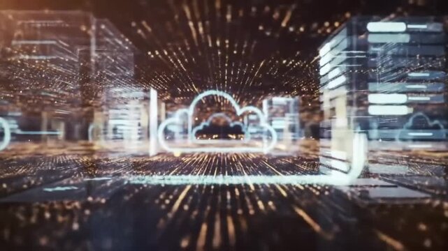 Futuristic digital clouds represent data storage and network connectivity.