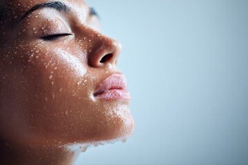 Calm beauty portrait of a woman with closed eyes, glistening skin, and droplets of water, conveying serenity and freshness in a soothing atmosphere with copy space