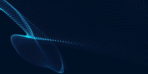 Abstract vector background with a dynamic wave. Streams of bright dots form smooth waves against a dark background. The radiating light creates a sense of depth and elegance. Futuristic 3D dot wave.