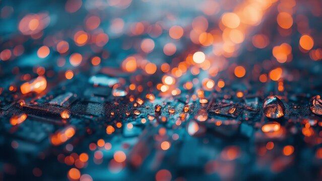 A close-up view of a circuit board with water droplets and orange lights reflecting on its surface