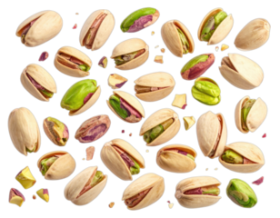 Close-up of pistachios with open shells scattered on a black background, healthy snacks