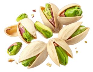 Close-up shot of several cracked, open nuts, revealing bright green kernels, on a black background