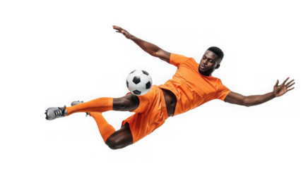 Soccer player in mid air kicking a ball isolated on transparent background