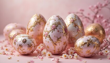  
Luxury Easter eggs with pastel and metallic textures, soft spring lighting, clean background, premium festive mood, high resolution, stock photography style