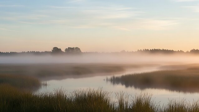 A serene landscape of a misty river at sunrise with trees and grass