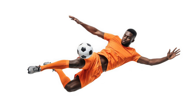 Soccer player in mid air kicking a ball isolated on transparent background