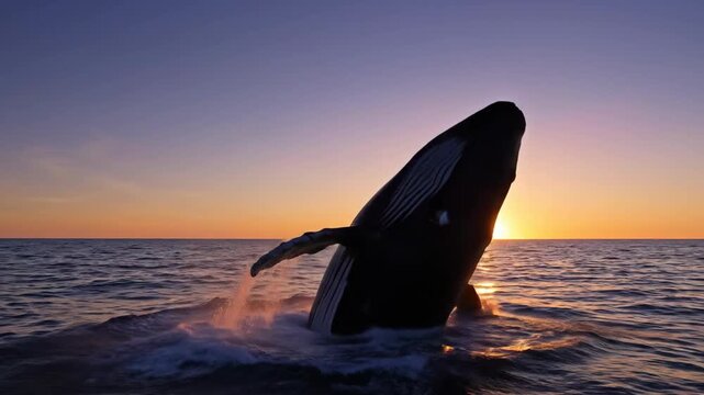 Colossal humpback whale breaches the ocean surface at sunset, a spectacular marine display against a vibrant sky.