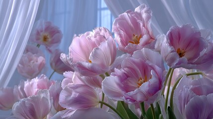 Obraz premium A window adorned with drapes displays a bouquet of pink tulips in its interior