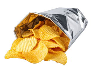 Close-up of potato crisps spilling from an open metallic foil bag against a black background