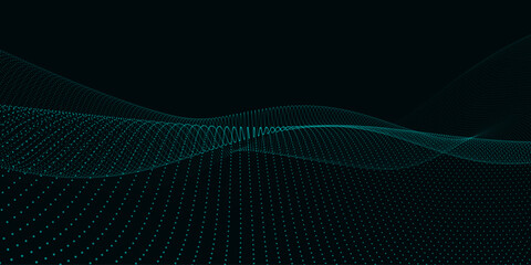 Abstract vector background with a dynamic wave. Streams of bright dots form smooth waves against a dark background. The radiating light creates a sense of depth and elegance. Futuristic 3D dot wave.