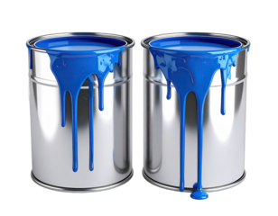 Two metal paint cans with bright blue liquid spilling down the sides, against a black background