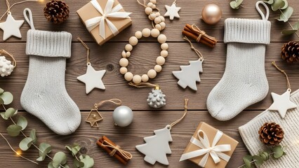 Christmas stockings and decorations on a wooden background
