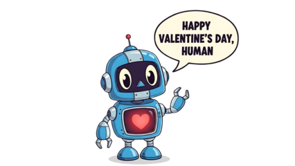 a cute cartoon robot wishes a happy valentine s day to a human with a heart display