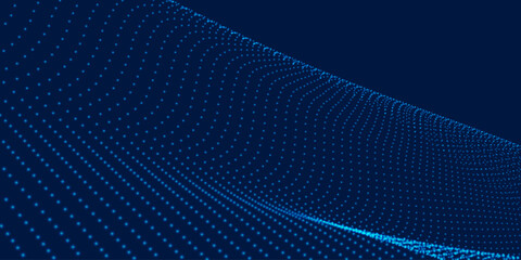 Abstract vector background with a dynamic wave. Streams of bright dots form smooth waves against a dark background. The radiating light creates a sense of depth and elegance. Futuristic 3D dot wave.