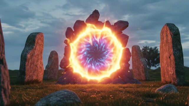 Mystical stone circle portal at dusk evokes enchantment and the unknown wonders of time