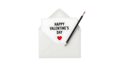 A white envelope with the words happy valentine s day and a red heart with a pencil