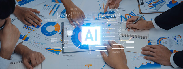 A diverse team collaborates on data analysis, featuring artificial intelligence metrics and various graphs. Ideal for business strategy and technology-focused projects. Trope