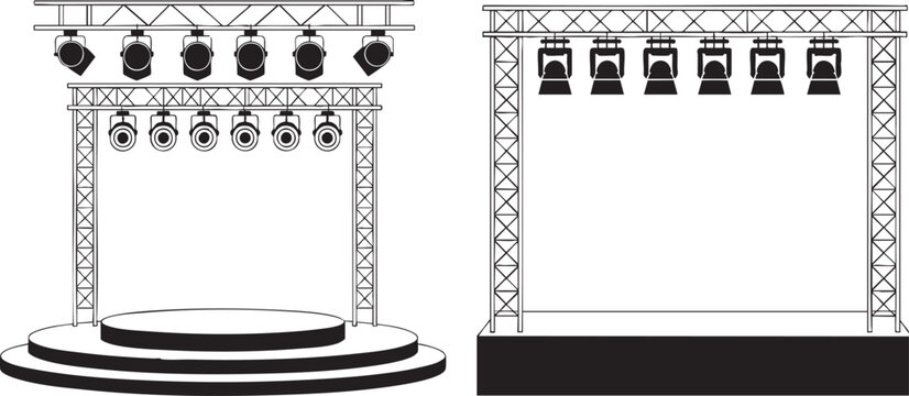 stage lights and trusses with empty stage platforms for events and performances  concert setup