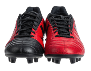 Pair of new black and red cleats, viewed from the toe, perfect for field sport