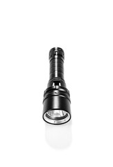 Waterproof black aluminum led flashlight isolated on white background    