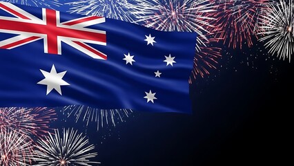 Australian Flag with Fireworks Display in the Background blue background red cross white stars