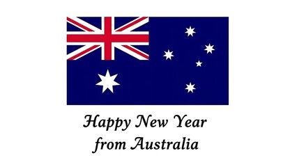 Australian Flag with Happy New Year Greeting in Black Text on White Background blue