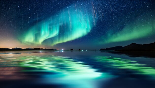 Green Blue Aurora Borealis On Starry Sky Northern Sea Wave Reflection Nature Nebula Cosmic Starry Background - Powered by Adobe